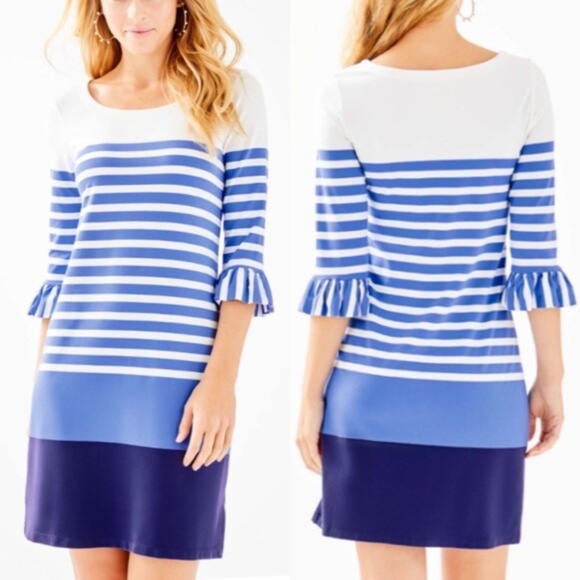 Lilly Pulitzer Sophie Blue Striped Ruffle Bell Sleeve Knit Dress - size XS - Picture 1 of 8